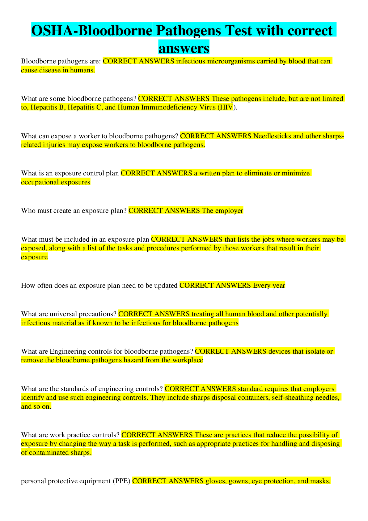 Preview image for OSHA-Bloodborne Pathogens Test with correct answers